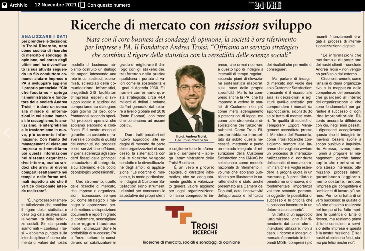 Il Sole 24 Ore, inserto «Sud» — Troisi Ricerche tra i casi di eccellenza